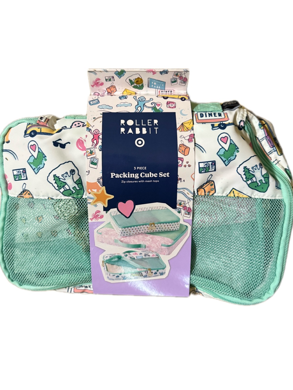 Roller rabbit x target packing cube set of 3 new in packaging green disco hearts - Picture 2 of 5